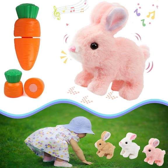 Interactive Hopping Bunny with Sound and Movement, Animated Walking Rabbit with Wiggle Ears and Nose Twitch, Soft Stuffed Bunny Decor with Carrot Accessory