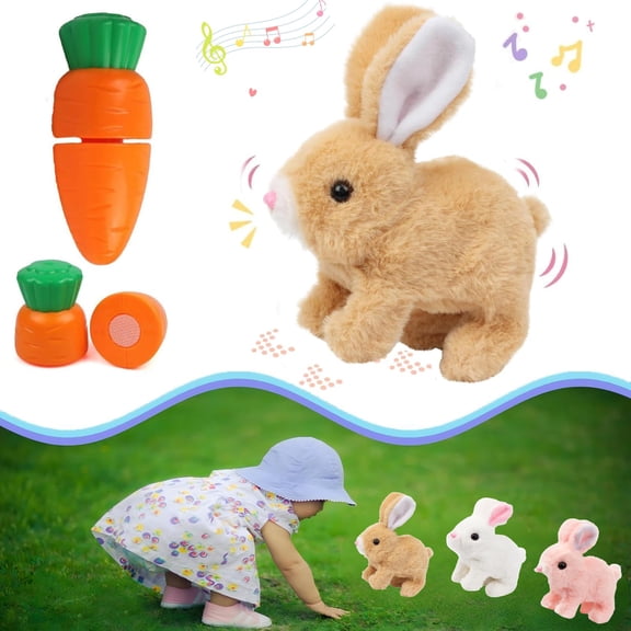 Interactive Hopping Bunny with Sound and Movement, Animated Walking Rabbit with Wiggle Ears and Nose Twitch, Soft Stuffed Bunny Decor with Carrot Accessory