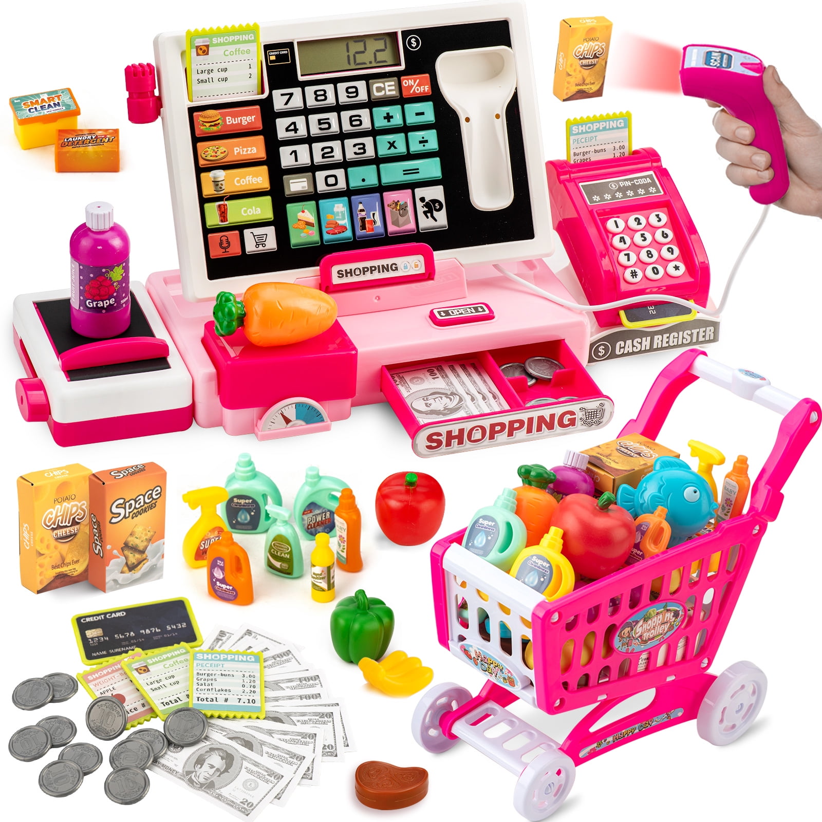 Interactive Kids Cash Register with Real Calculator & Scanner | Pretend Play Store with Music, Food & Shopping Cart | Educational Toy Gift for Ages 3-8 (Red & Pink)