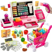 Interactive Kids Cash Register with Real Calculator & Scanner | Pretend Play Store with Music, Food & Shopping Cart | Educational Toy Gift for Ages 3-8 (Red & Pink)