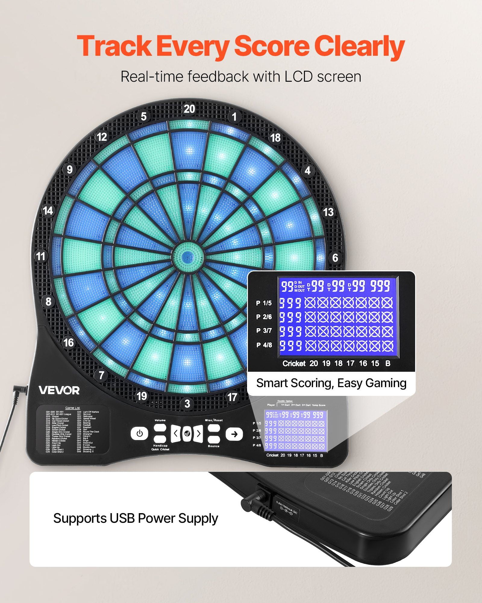 Interactive LED Dartboard Set 48 Games/500+ Modes, 8-Player Cricket LCD, Includes 6 Darts & 50 Soft Tips - Exciting Electronic Dart Game for All Ages