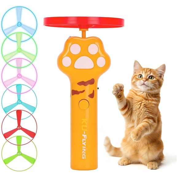 Interactive LED Flying Spinner Pet Toy, USB Rechargeable Cat Paw Disc Toy With 6 Flying Discs And Wand, Motorized Rotating Play Toy For Cats And Dogs, Indoor Outdoor,Yellow