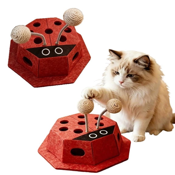 Interactive Ladybug Cat Puzzle Toy Box with Sisal Spring Balls, Felt Scratching Activity Box for Indoor Cats, Interactive Peek Hole Kitty Play Toy for Mental Stimulation and Scratching