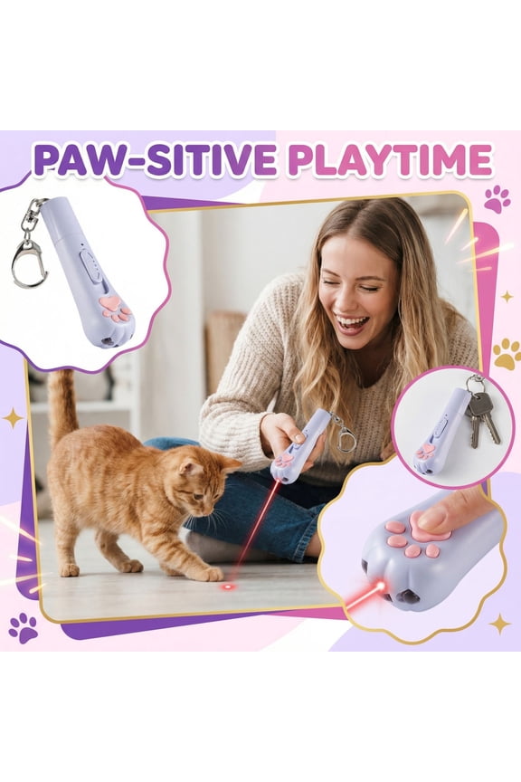 Interactive Laser Cat Toy Multifunctional Paw Shaped Red Dot LED Pointer for Indoor Cats Kitten Exercise Play Handheld Pet Teaser Keychain Stick Purple