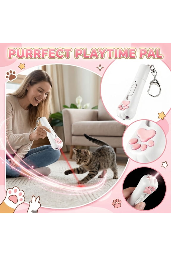 Interactive Laser Cat Toy Multifunctional Paw Shaped Red Dot LED Pointer for Indoor Cats Kitten Exercise Play Handheld Pet Teaser Keychain Stick White