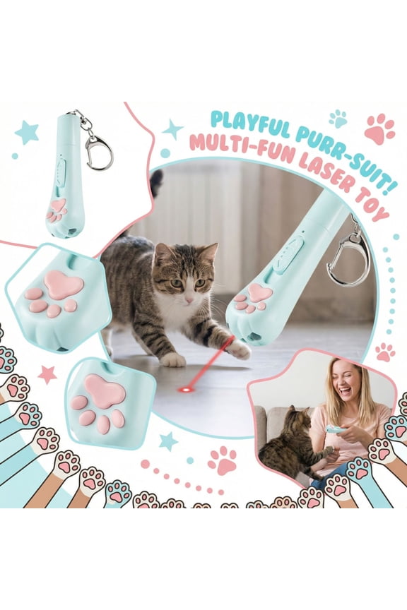 Interactive Laser Cat Toy Multifunctional Paw Shaped Red Dot LED Pointer for Indoor Cats Kitten Exercise Play Handheld Pet Teaser Keychain Stick Blue