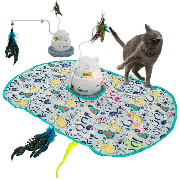 Interactive Laser & Motion Cat Toy - 4-1 Cat Games, 3 Speeds - Hide & Seek, Wand Teaser, Chasing, Laser - USB Rechargeable Kitten Exercise Chasing Wand with Moving Feather