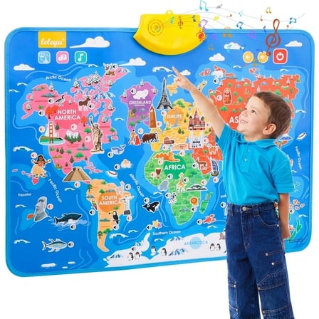 CshidWorld Interactive World Map Poster- Educational Talking Poster Toy for Children of Ages 3 to 12 Years Old - Geography Electronic Game, Ideal Educational Birthday Gift for Boys and Girls, Blue