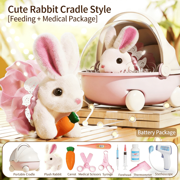 Interactive Medical Rabbit Pet Toy - Walking & Talking Plush Bunny with Portable Cradle & Multi-Themed Accessory Sets, Pretend Play Toy, Fun Animal Role-Play Gift