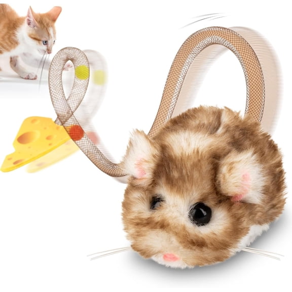 Interactive MigiMouse   360? Rolling & Spin with Mesh Plastic Tail for Indoor Cats  Motion Sensor, Realistic Squeak, Rechargeable Plush Kitten (Brown Long)