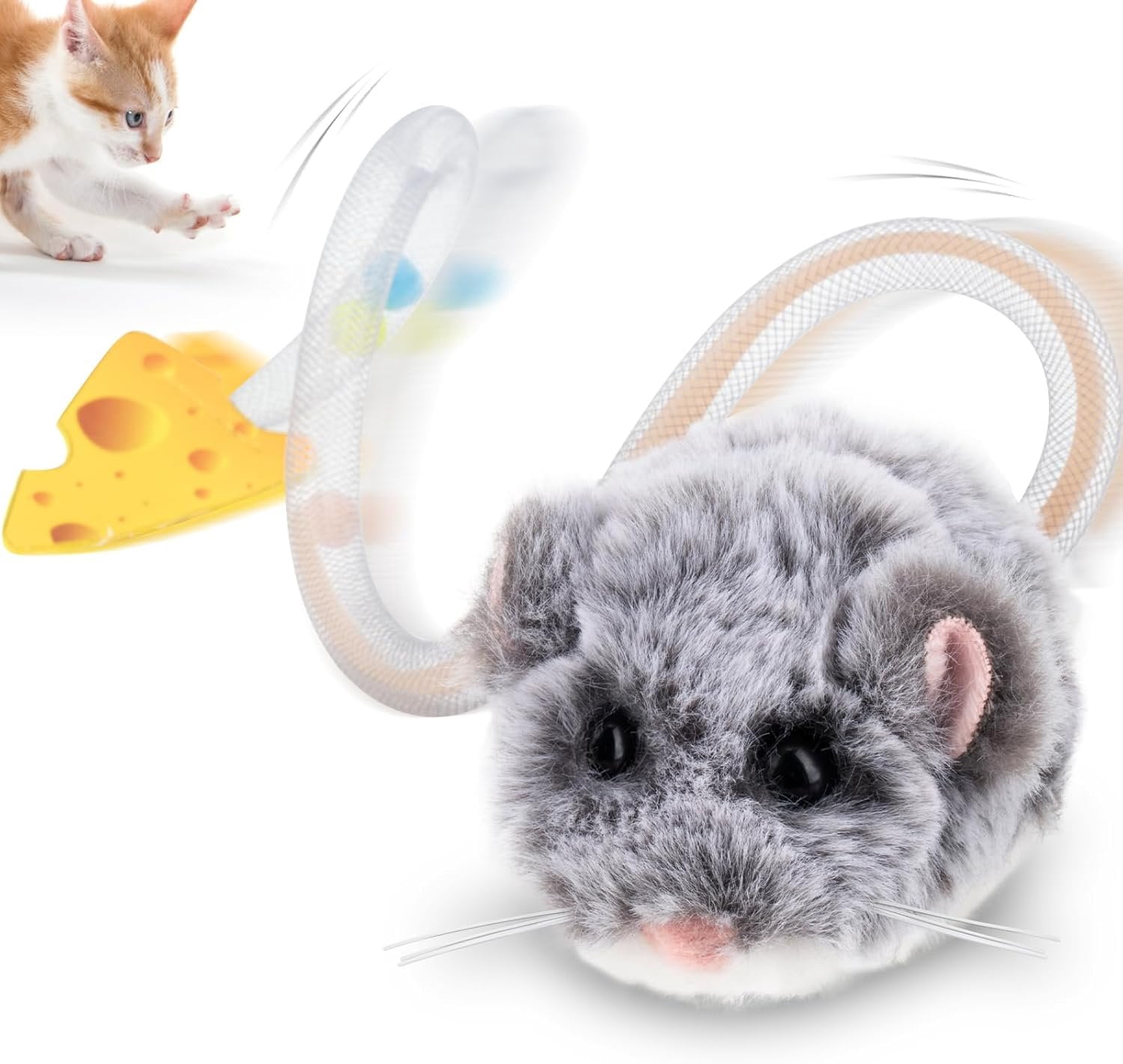 Interactive MigiMouse   360? Rolling & Spin with Wiggling Tail for Indoor Cats  Motion Sensor, Realistic Squeak, Rechargeable Plush Kitten (Grey Long)