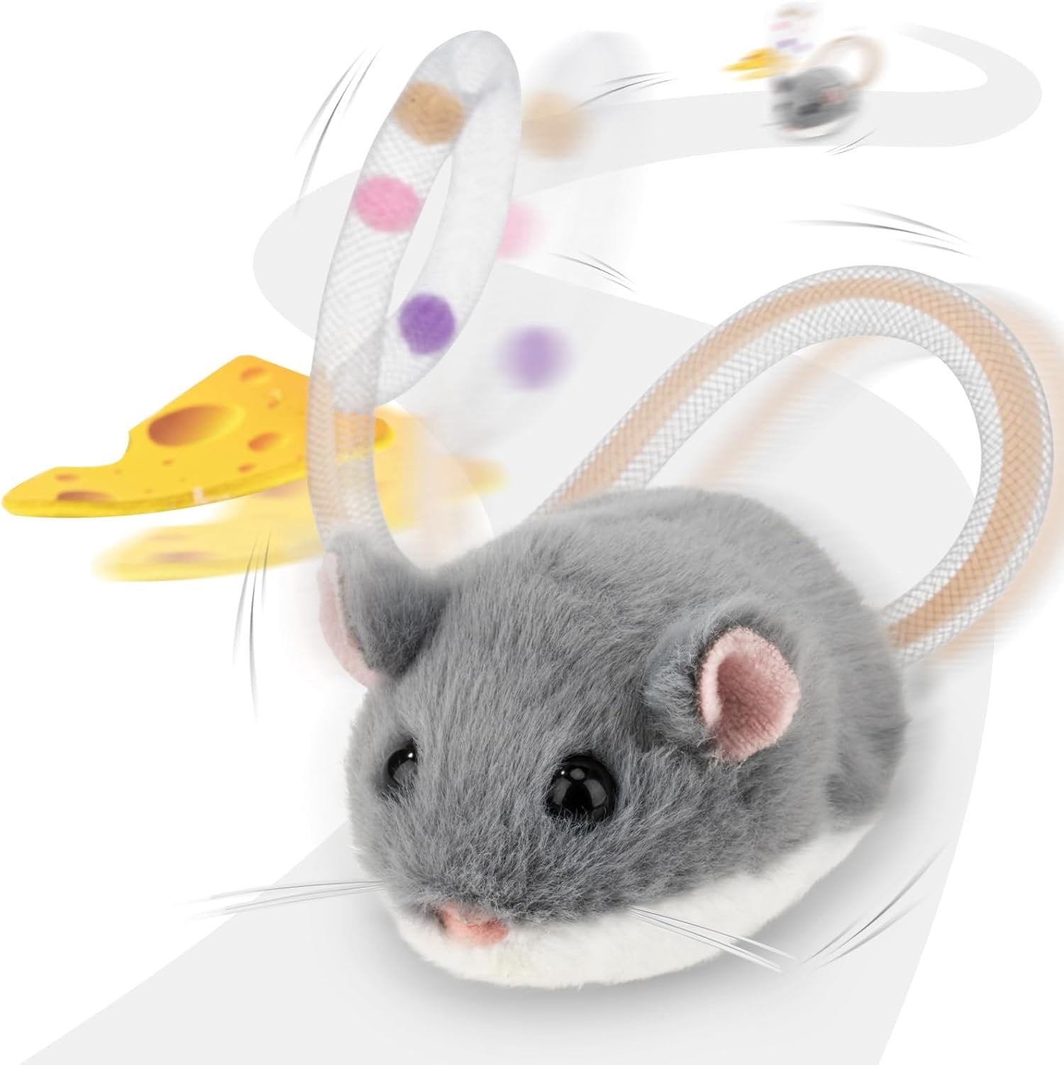 Interactive MigiMouse   360? Rolling & Spin with Mesh Plastic Tail for Indoor Cats  Motion Sensor, Realistic Squeak, Rechargeable Plush Kitten (Grey)