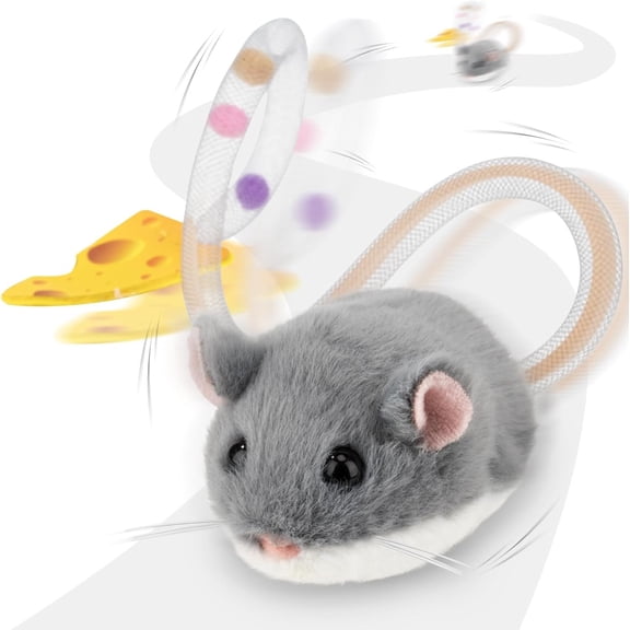 Interactive MigiMouse 360? Rolling & Spin with Mesh Plastic Tail for Indoor Cats Motion Sensor, Realistic Squeak, Rechargeable Plush Kitten (Grey)