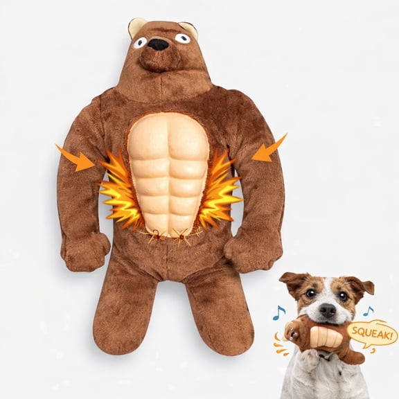 Brand Reinforced Plush Muscle Bear Dog Toy, Durable Squeaky Chew Toy for Small & Medium Dogs, Designed for Tough Play, Boredom & Anxiety Relief Care, Brown