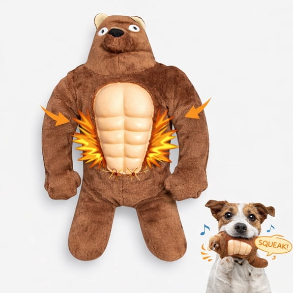 Brand Reinforced Plush Muscle Bear Dog Toy, Durable Squeaky Chew Toy for Small & Medium Dogs, Designed for Tough Play, Boredom & Anxiety Relief Care, Brown