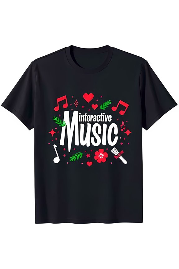 Interactive Music Black T-Shirt with Musical Flowers & Heart Design