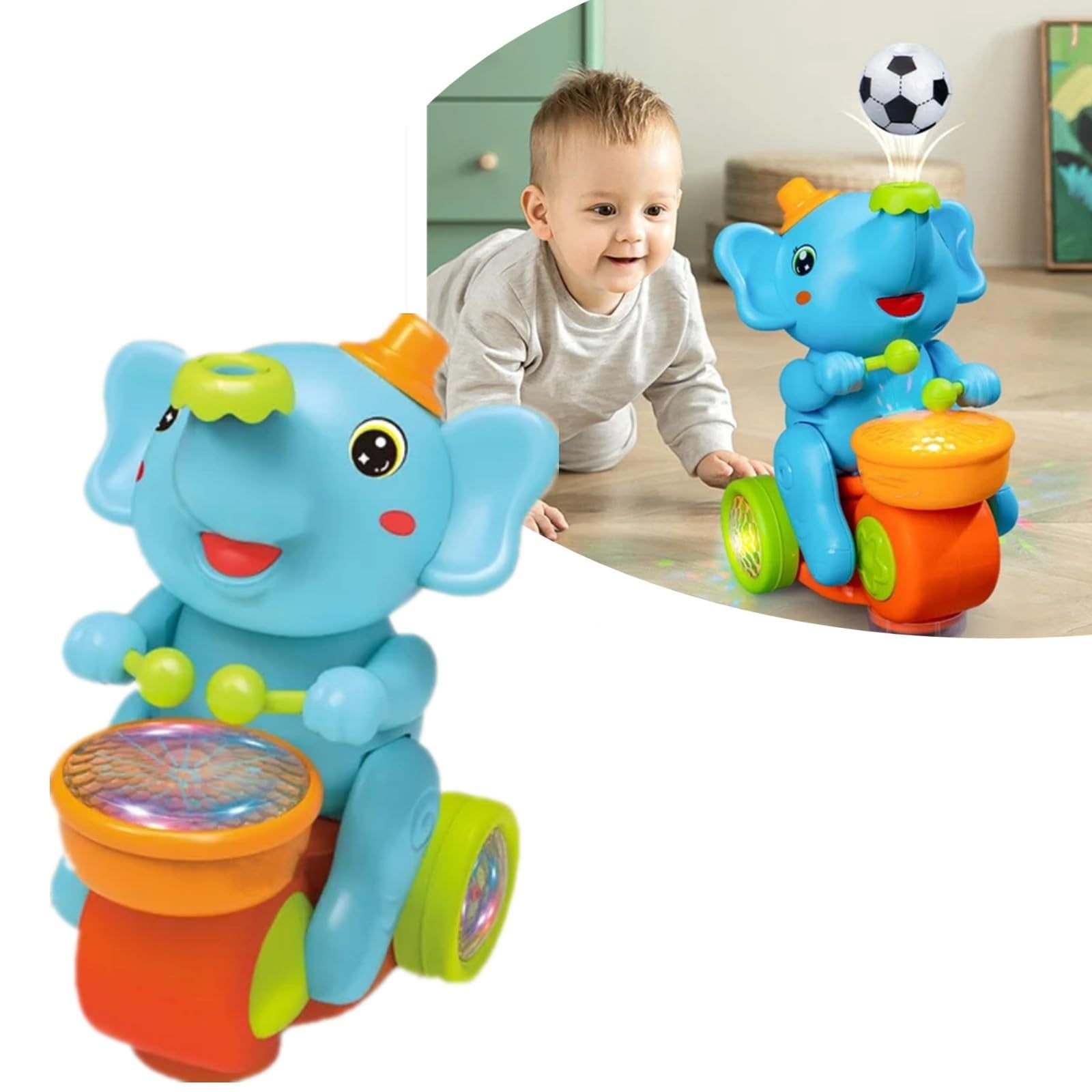 Interactive Musical Elephant Crawling Toy, Walking Drummer Toy with Lights Projection Sounds, Educational Plush Animal, Easter Birthday Gift Easter Basket Stuffers Easter Decorations Easter Gifts