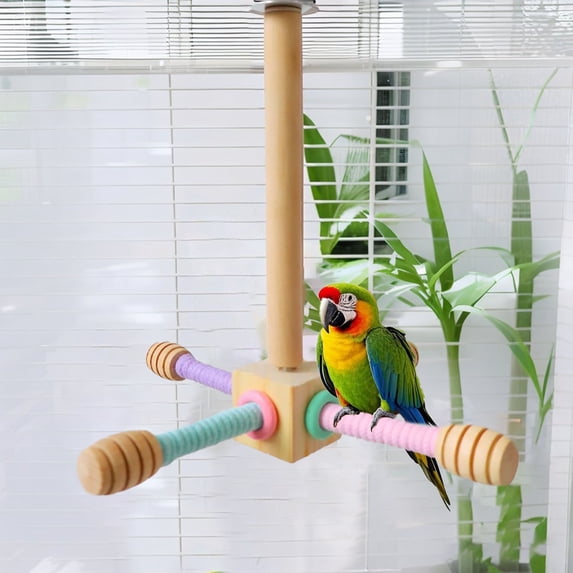 View of Interactive Parrot Exercise Wheel Wooden Bird Stand Toy Rotating ...