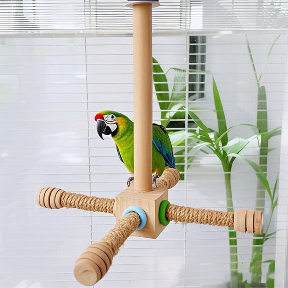 Image showcasing Interactive Parrot Exercise Wheel Wooden Stand Toy Rotating Bird Cage ...
