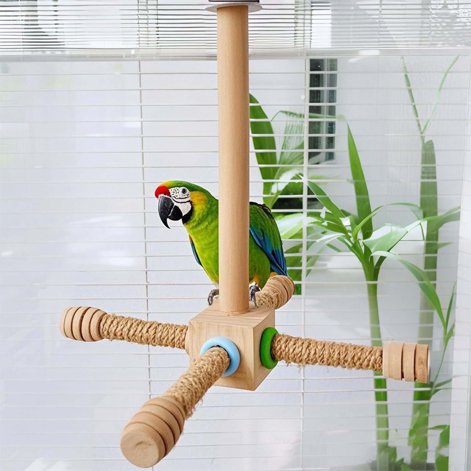 Image showcasing Interactive Parrot Toy Wooden Bird Cage Accessories 360° Rotating Stand ...