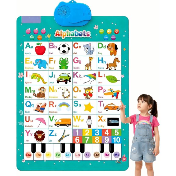 Interactive Phonics Learning Wall Chart for Children – English and Spanish, featuring songs, letters, numbers, animal vocabulary, and a piano, a bilingual toy with interactive touch buttons.
