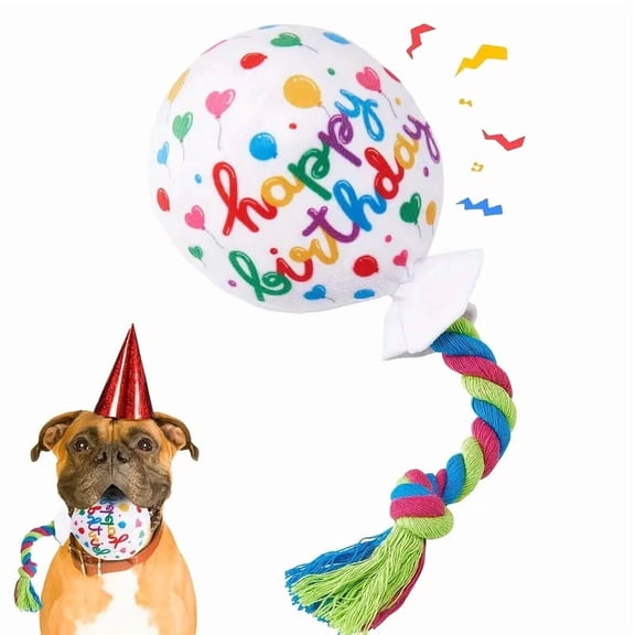 Interactive Plush Birthday Balloon Dog Toy with Squeaky Sound - Durable & Bite-Resistant Training Toy for Small and Large Breeds