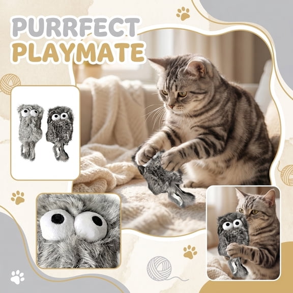 Interactive Plush Cat Toy Soft Furry Owl Shape Chew Toy for Boredom Relief Quiet No Noise Cat Teaser Refill Head Catnip Free Self-Play Toy for Indoor Cats