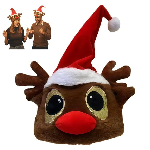 Interactive Plush Christmas Character Hat With Music,Battery-powered Adjustable Size Novelty Party Electric Swing Christmas Plush Hat for Party Entertainment Xmas Gift (Reindeer)
