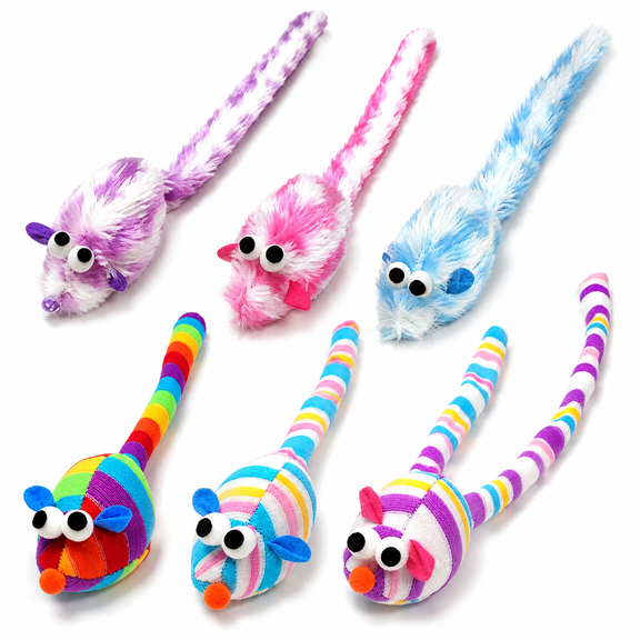 Interactive Plush Mouse Cat Toy with Long Fluffy Tail for Indoor Cats, Soft Chew and Chase Kitten Toy