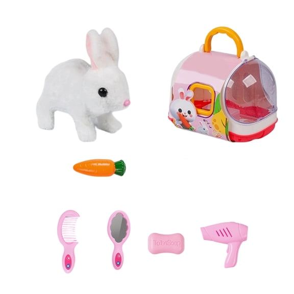 Interactive Plush Rabbit Toy Set, Electronic Walking & Squeaking Bunny With Carrying Cage, 5 Grooming Accessories Included, Toddlers Birthday Christmas Gifts