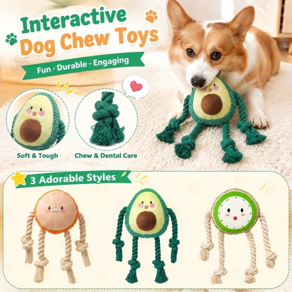 Interactive Plush Squeaky Dog Toy with Knot Ropes, Cute Fruit Avocado Orange Kiwi Puppy Chew Toy, Durable Cotton Rope Teething Toy for Medium Small Dogs Cats Boredom, Practical Pet Gift