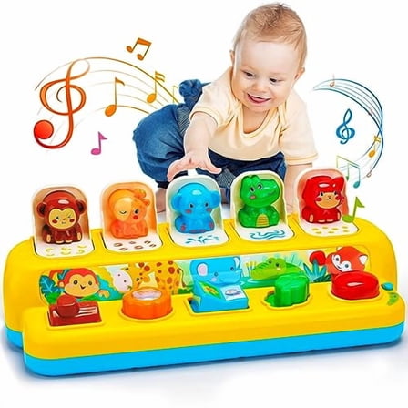 Interactive Pop up Animal Toys with Music & Light,Montessori Cause and Effect Toys for 1 Year Old Boy Girl Early Learning Musical Baby Toy 9-12-18 Months STEM Toddler Toy Age 1-2 Gift for Infant