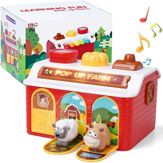 Funtogether Pop Up Farm Animal Activity Toy for Toddlers & Babies, Musical Educational Shape Sorter with Lights for Fine Motor Skills
