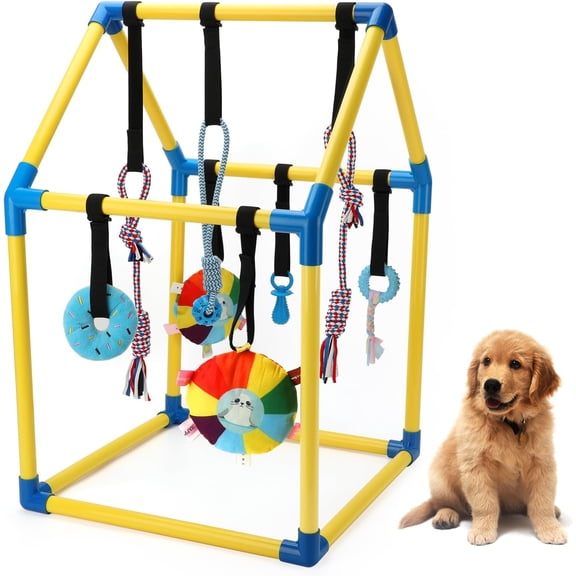 Interactive Puppy Play Gym with 8 Hanging Toys and PVC Frame, Indoor Jungle Gym for Small Dogs with Bungee Straps for Teething, Mental Stimulation and Fun