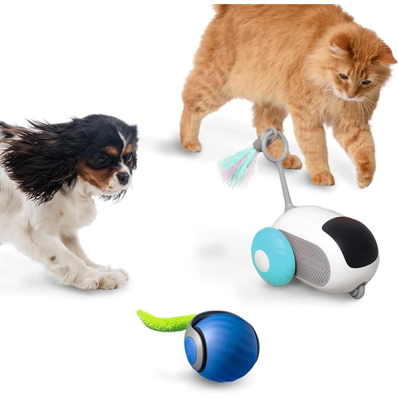 Interactive Robotic Cat & Dog Toy Set - 2-in-1 Automatic Rolling Ball & Motorized Car with Feathers, USB Rechargeable Smart Pet Companion for Bored Indoor Cats, Great for Hard Floors & Wood Surfaces