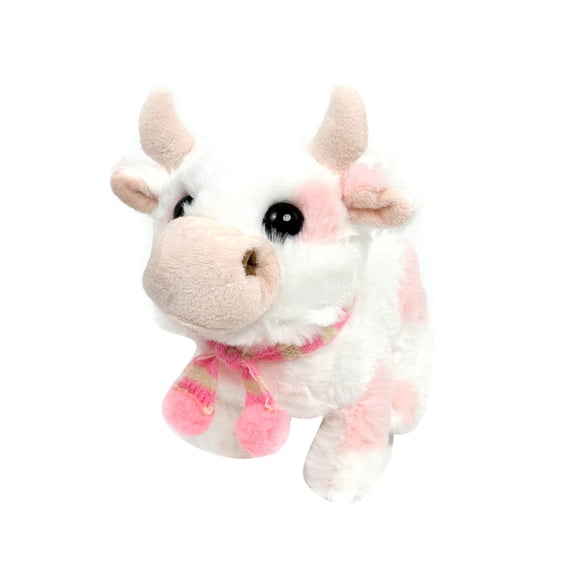 Interactive Robotic Cow Plush Toy Animated Walking Mooing Sounds Stuffed Farm Animal Electronic Pet with Striped Scarf for Kids Birthday Gifts Home Play