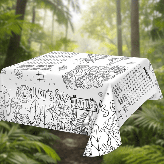 Interactive Safari Jungle Theme Kids Coloring Tablecloth, 2 Pack 54x88 Inch Activity Table Cover for Birthday Parties and School Event Decorations