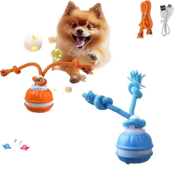 Interactive Smart Rolling Pet Ball, Wear-Resistant Interactive Waggle Ball Dog Toy with Speedy Rolling Action & Wagging Rope, USB Rechargeable
