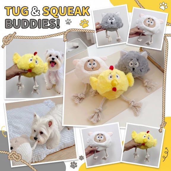 Interactive Squeaky Dog Toy for Daily Boredom Relief, Cute Animal Shaped Stuffed Plush Doll with Knot Rope for Puppy Small Medium Dogs, Smart Heavy Duty Tug of War Training Game Toy