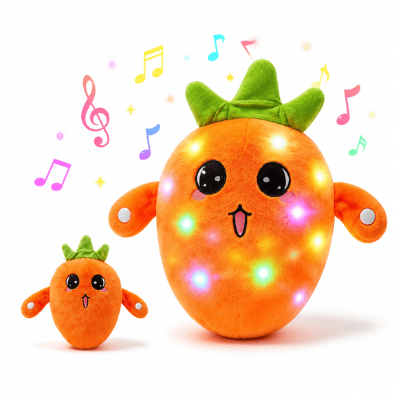 Interactive Squeezable Musical Plush Toy, Soft Sensory Stuffed Fruit Plushie with Metal Touch Patches, Adorable Winking Cartoon Fruit Doll for Kids and Adults, Home Party Decor,Carrot