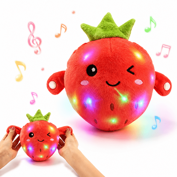 Interactive Squeezable Musical Plush Toy, Soft Sensory Stuffed Fruit Plushie with Metal Touch Patches, Adorable Winking Cartoon Fruit Doll for Kids and Adults, Home Party Decor,Strawberry