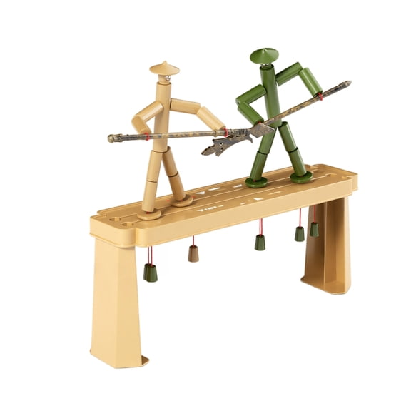 Interactive Stick Figure Battle Toys with String-Operated Dual Player Board, 2-Pack Figures, Green and Wood, for Student, Toys