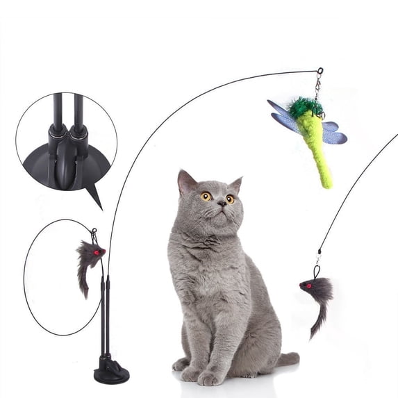 Interactive Suction Cup Feather Teaser Toy – Dual-Head Cat Wand with Replaceable Bird Attachment & Self-Holding Base – For Independent or Handheld Pet Play