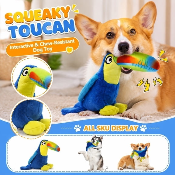 Interactive Toucan Plush Dog Toy, Squeaky Tropical Bird Puzzle for Mental Stimulation, Durable Bite Resistant Foraging Boredom Buster for Small Medium Pets