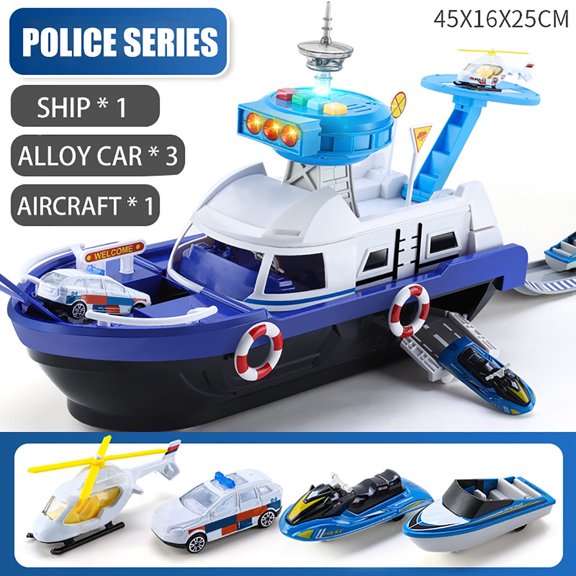 Interactive Toy Ship Set with Lights Sounds 3 Alloy Cars and Airplane Transportation Learning Toy for Kids Ages 3 6