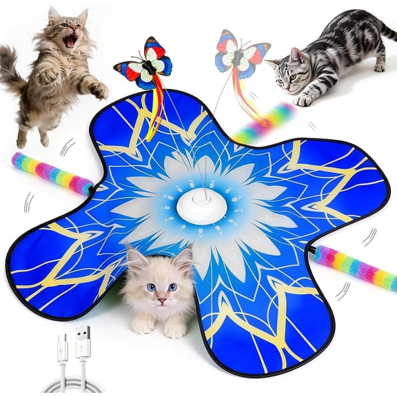 Interactive  Toys for Indoor Cats, 3-in-1  and Seek   with Fluttering Butterfly & Moving Concealed Feathers, 3  Sounds, Rechargeable Auto Play Mat for Bored Adult Cats/Kittens (Blue)