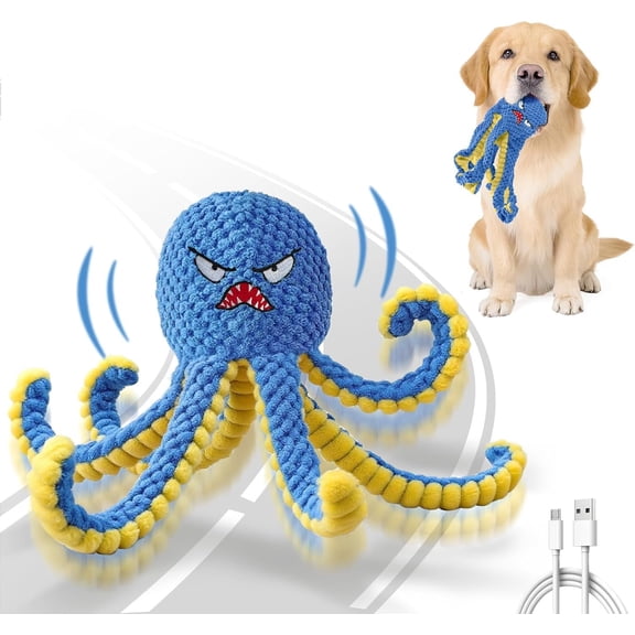 Interactive Toys Octopus,Durable Automatic Jumping to Keep Them Busy,Squeaky Moving Tug of War Doggie ,USB Rechargeable,Not for Aggressive Chewers (Blue)