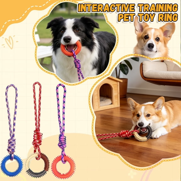Interactive Training Pet Toy Ring for Boredom Relief, Spiked Teeth Cleaning Rubber Wheel with Pull Rope for Small Medium Large Dogs, Heavy Duty Tug of War Exercise Game Interactive Toy