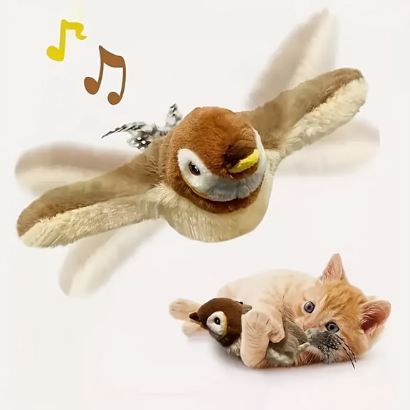Interactive USB-Rechargeable Plush Flying Sparrow Cat Toy - Flapping Wings & Chirping Sounds, Realistic Motion & Sensitive Sensor, Safe Battery & Washable Stuffed Animal for Kittens & Cats