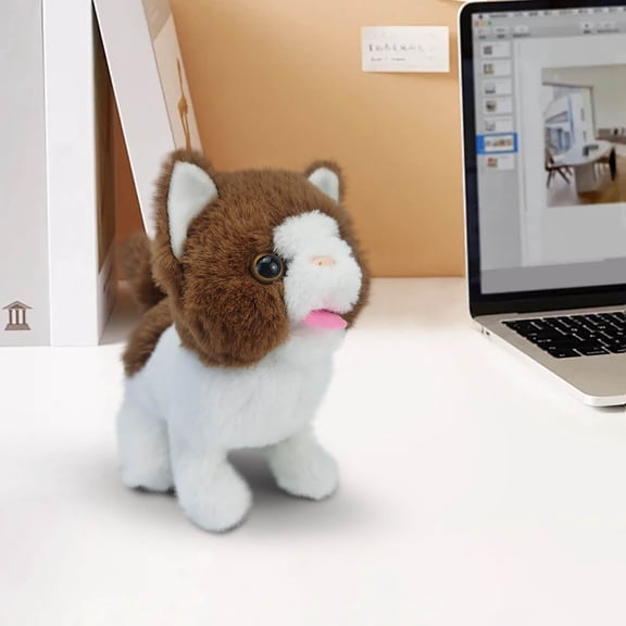 Interactive Walking & Meowing Stuffed Animal - Electronic Moving Plush Toy with Surprise Collar for Kids, Fun Pet Lovers Gift Brown